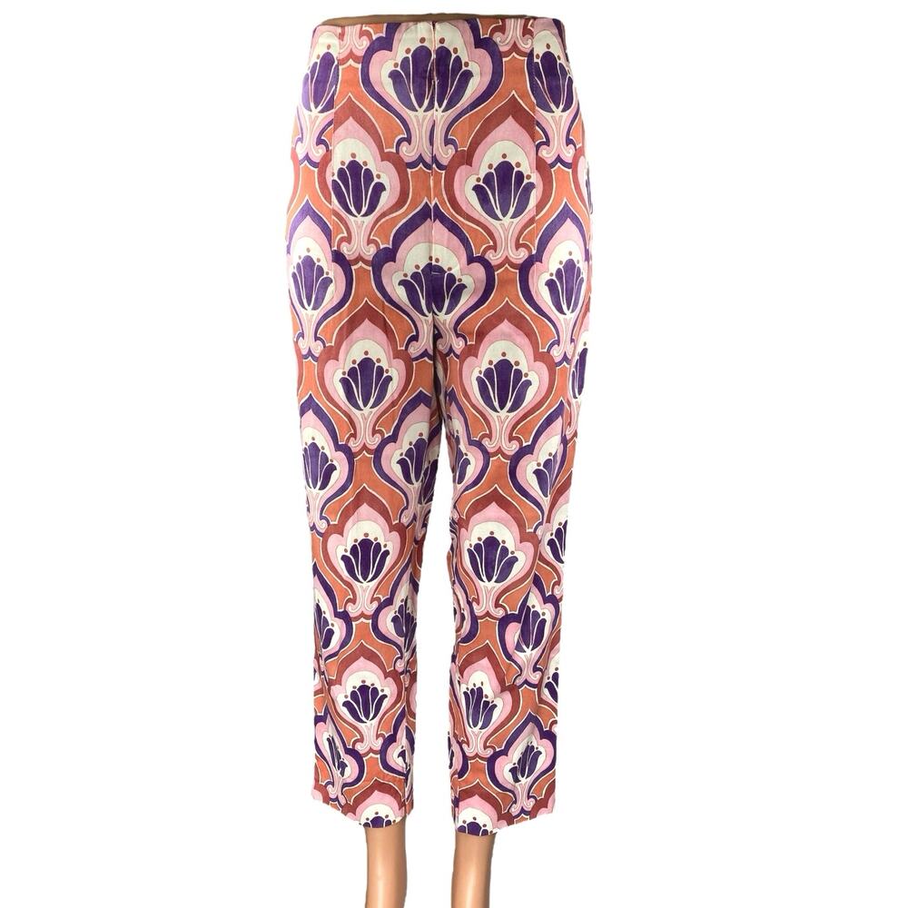 Zara Pink Multicolor Printed High Waist Straight Leg Slim Fit Trousers Pants 6